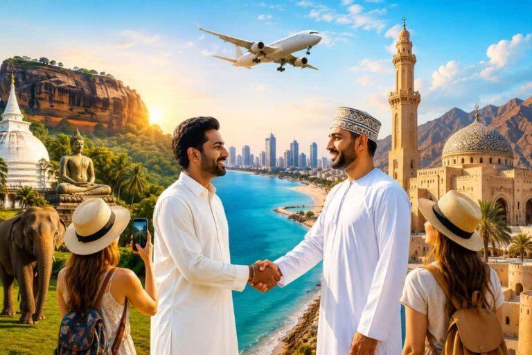 Two men in white traditional dress shake hands as tourists photograph a backdrop of global landmarks and a beach.