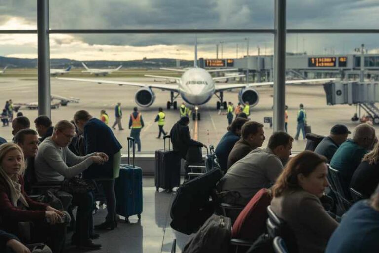 Passengers wait with their luggage inside a terminal, with a large airplane at the gate outside the window.