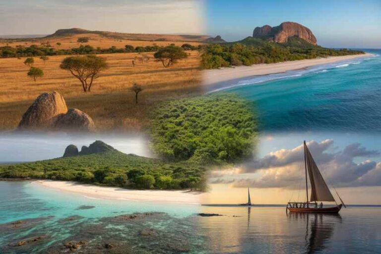 Composite landscape collage featuring savannah plains with scattered trees and rocks, a tropical coastline with turquoise water and white sand, lush green island, and a sailboat on calm seas at sunset.