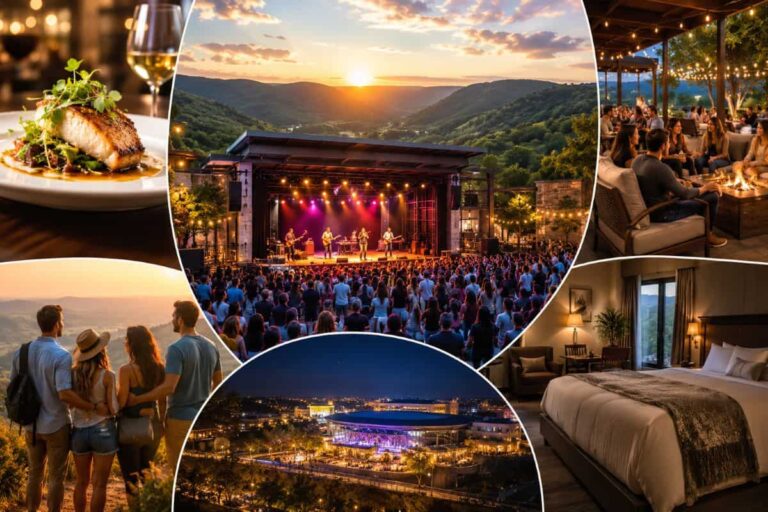 Collage showing a luxury resort: gourmet dinner plate, sunset overlook, outdoor live concert, string-lit lounge, modern hotel bedroom, and a nighttime venue.