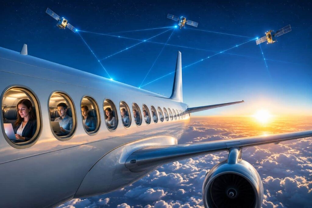 Airplane in flight above clouds at sunset; passengers use laptops, illustrating satellite-based in-flight Wi‑Fi.