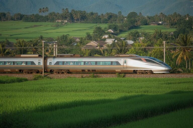 Sleek high-speed passenger train gliding along tracks through green countryside with palm trees and distant hills beyond.