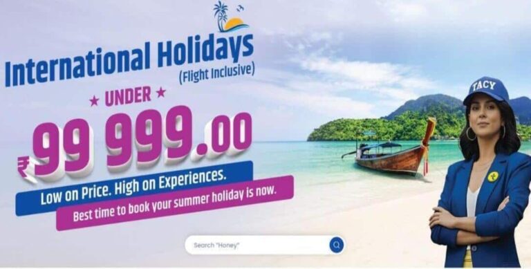 Advertising banner for International Holidays featuring a tropical beach scene, a boat, and a woman in a blue blazer on the right; prominent ₹99,999.00 price with promo ribbons and slogans about low price and summer bookings.