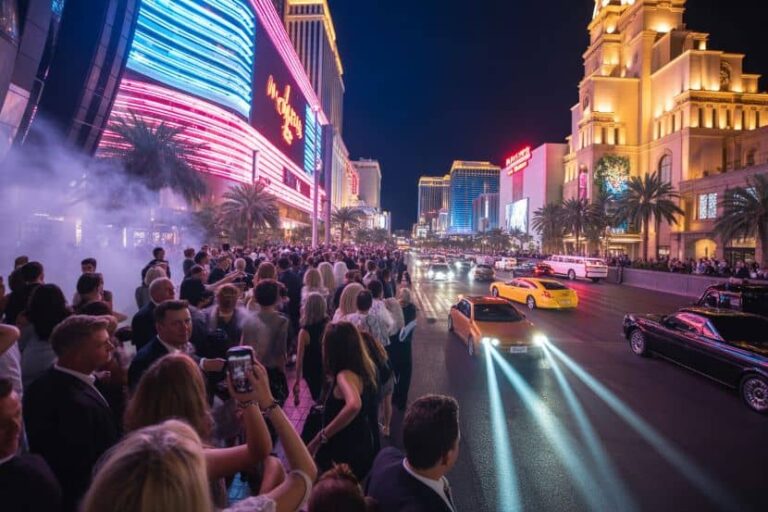 Nighttime Las Vegas street scene with a crowded promenade, neon signage, palm trees, and bright headlights from luxury cars and taxis along the Strip in front of tall hotels.