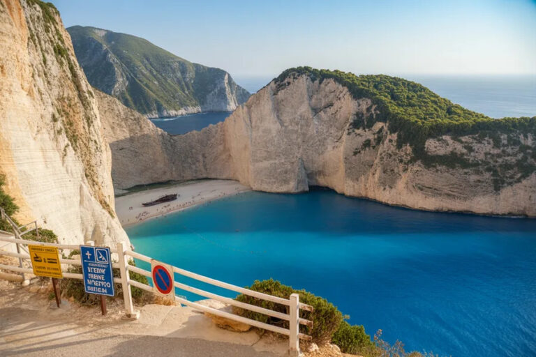 Tourist overlook of a turquoise cove framed by white cliffs, a railing and warning signs in the foreground on a sunny day.