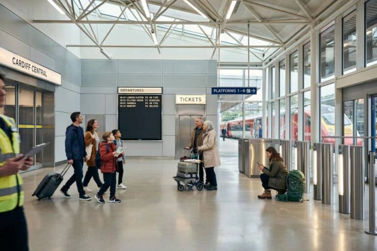Inside Cardiff Central station, a group waits near a departures board and ticket area with luggage.