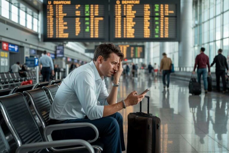 Man at an airport terminal sits with a suitcase, looking stressed while checking his phone.