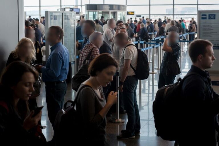 Busy airport terminal with travelers queuing at check-in desks and security barriers in the background, silhouettes and blurred faces indicate crowding.