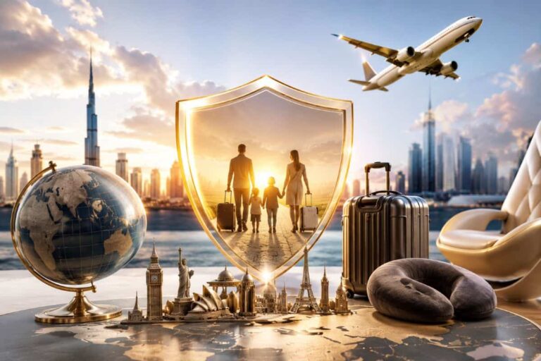 Travel concept scene: globe, luggage, and a family walking toward a glowing shield at sunset amid a city skyline and airplane.