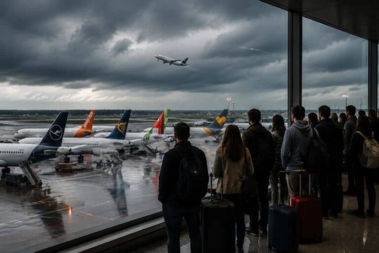 Crowd of travelers with rolling suitcases waiting at an airport terminal as a plane takes off in stormy sky outside.