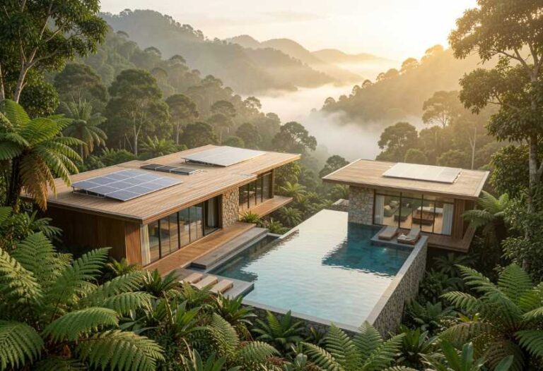 Modern wooden villa with solar panels and an infinity pool, set in a tropical jungle at sunrise.