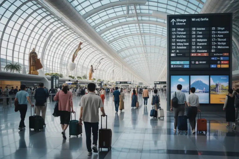 Busy airport terminal with travelers pulling luggage under a curved glass roof and a large departures board on the right.