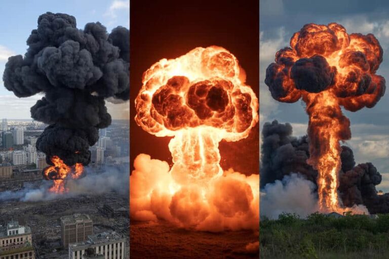 Triptych of nuclear explosions: smoky urban blast on the left, bright fiery mushroom cloud in the center, and towering plume on the right.