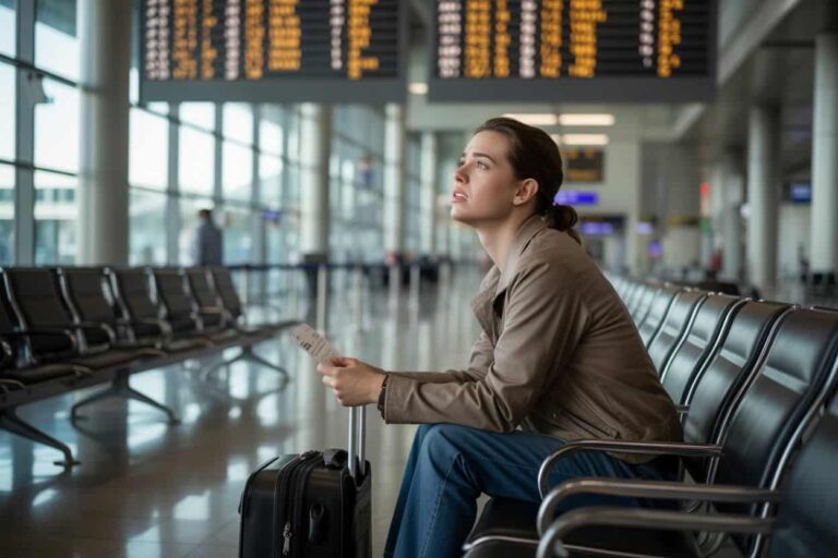 Woman sitting in an airport terminal with a suitcase, holding a boarding pass and looking up at a departure board.