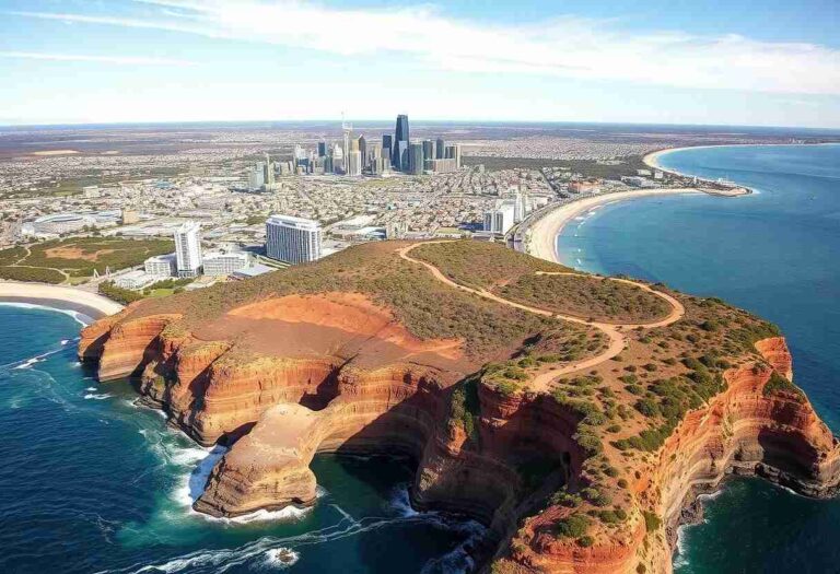 Aerial view of a red rocky headland jutting into the blue sea with a distant city skyline on the horizon.