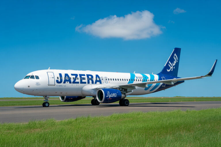 JAZERA passenger jet on the taxiway with a blue tail, white fuselage, and blue logo under a clear blue sky