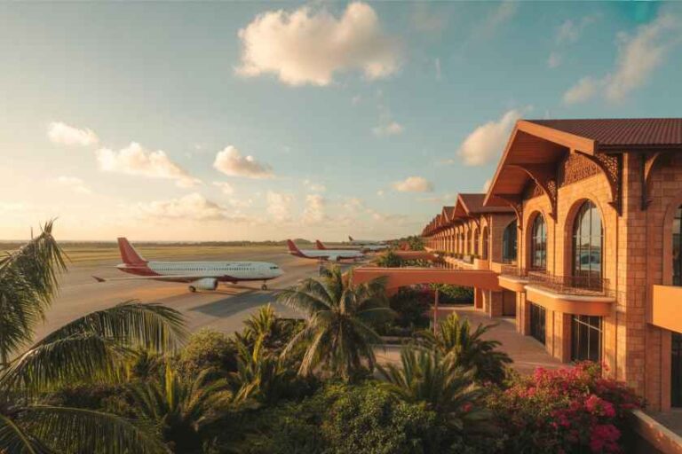 Sunlit airport terminal with arched windows beside a runway and palm trees, planes parked on the tarmac