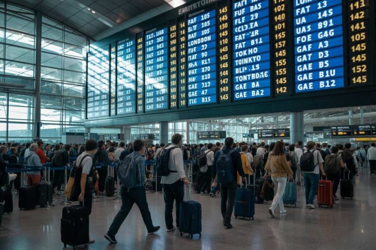 Crowded airport check-in area with travelers standing in lines beneath large flight information boards.