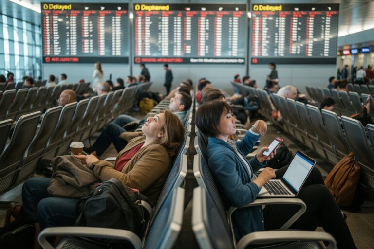 Airport terminal waiting area with rows of seats; two women in the foreground—one leaning back with a coffee, the other using a laptop and phone—departure boards showing delays in the background.