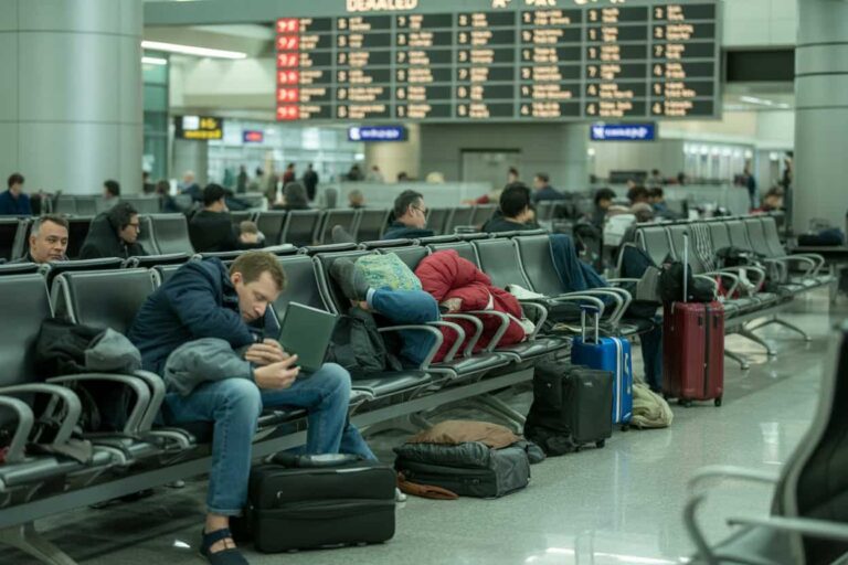 People sitting in a airport lounge with rolling suitcases and backpacks lining the row of seats, some resting or using devices. In the background is a large departure board and busy terminal.
