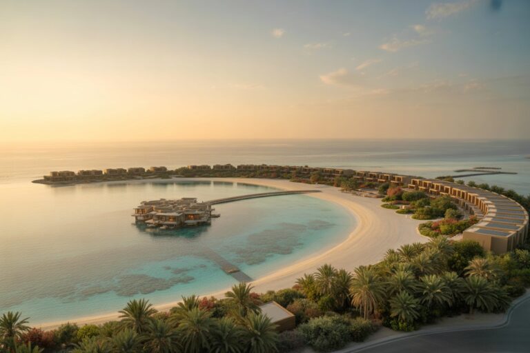 Sunset view of a tropical resort with a circular lagoon, palm trees, and overwater villas surrounding the water.