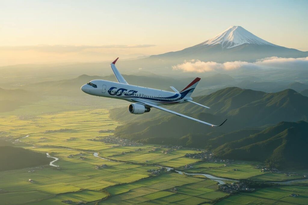 Airplane in flight over a green valley with a snow‑capped mountain in the distance.