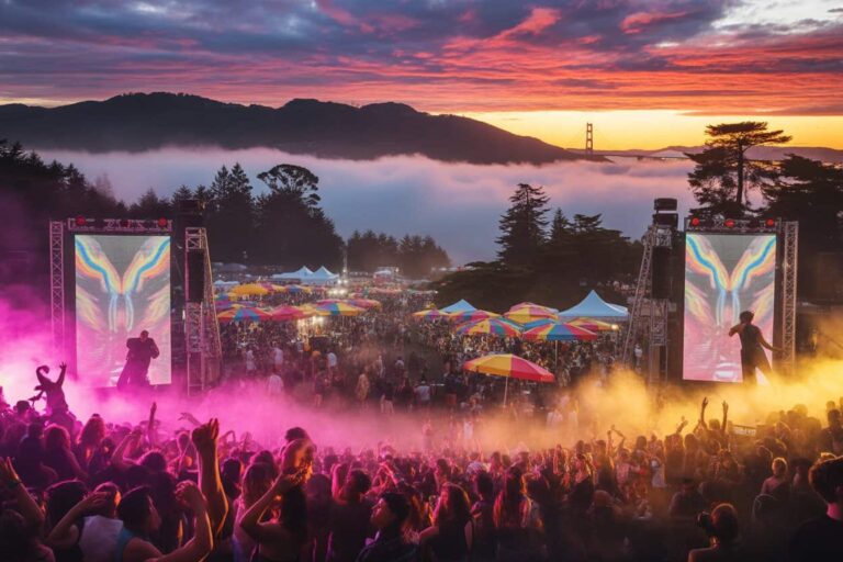Crowd at an outdoor music festival at sunset, with two large stages and colorful screens, fog, and tents set against a distant bridge.