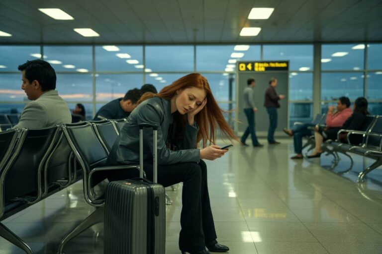 Young woman sits in an airport gate area, looking at her phone with a gray suitcase beside her.