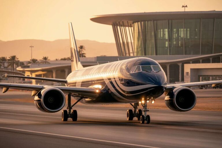 Twin-engine passenger jet taxiing on a runway at sunset with a modern airport terminal in the background.