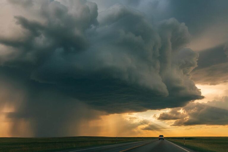 Open highway stretching into a flat prairie under a massive dark storm cloud, with rain falling in the distance as a car travels toward the horizon.
