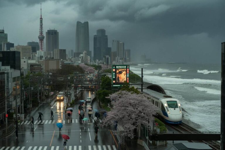 Rainy urban coastal street with pedestrians carrying colorful umbrellas and a train along the shoreline, cherry blossoms in bloom on a cloudy day at sea level.