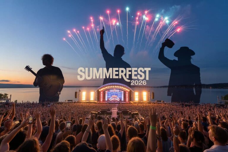 Massive outdoor concert at Summerfest 2026 with fireworks, a lit stage, and silhouetted performers above a cheering crowd.