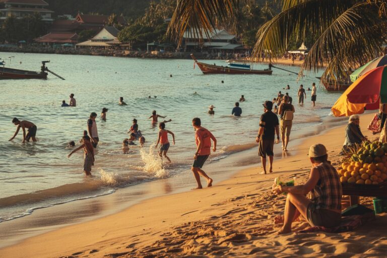 Golden-hour beach scene with people wading and playing in shallow water; a fruit vendor sits under umbrellas nearby.