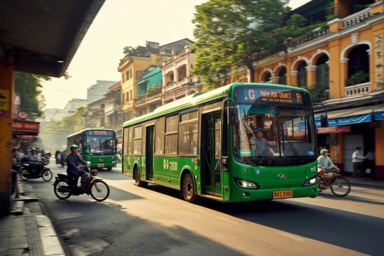 Green city bus driving on a busy street with pedestrians and motorcycles, yellow colonial buildings in the background.