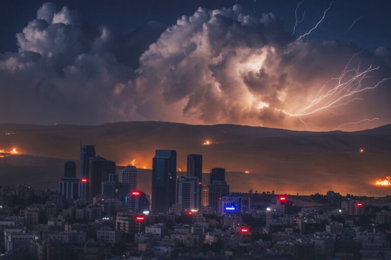 Night city skyline at night under dramatic storm clouds with lightning and an orange glow on the horizon, plus distant fires on the hills.
