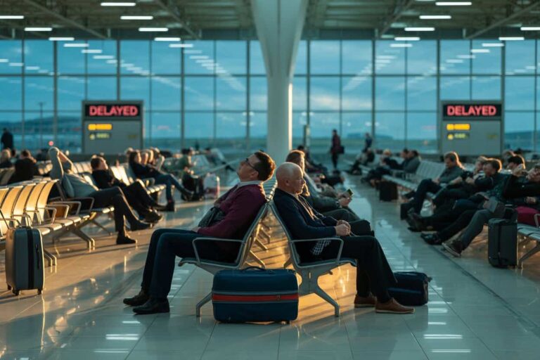 Passengers seated in a modern airport terminal with luggage nearby and delayed flight signs in the background.