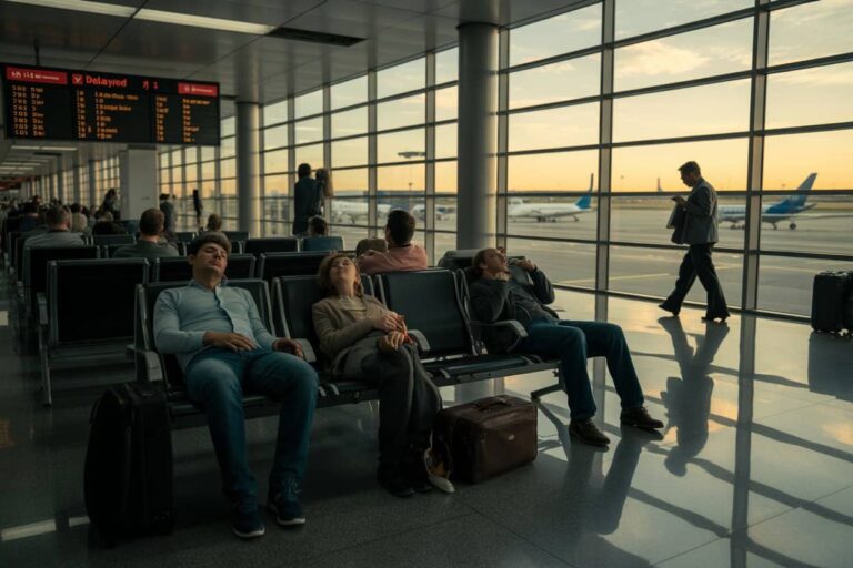 Passengers seated in a modern airport terminal near large glass windows at sunset, with luggage by their feet and a man walking by outside.