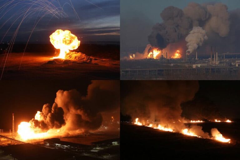 Four-panel collage showing industrial explosions and fires at a facility, with bright flames and thick smoke at day and night.