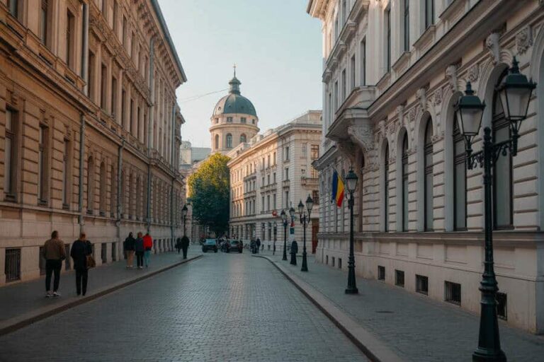 Wide cobblestone street in a historic European city, flanked by ornate beige buildings and vintage street lamps; a domed building rises in the distance.
