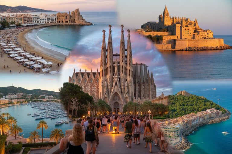 Collage of popular Mediterranean destinations: a beach town on the left, the Sagrada Família in Barcelona at the center, a medieval fortress on the right, a harbor with yachts bottom left, and a coastal town along the shore bottom right.