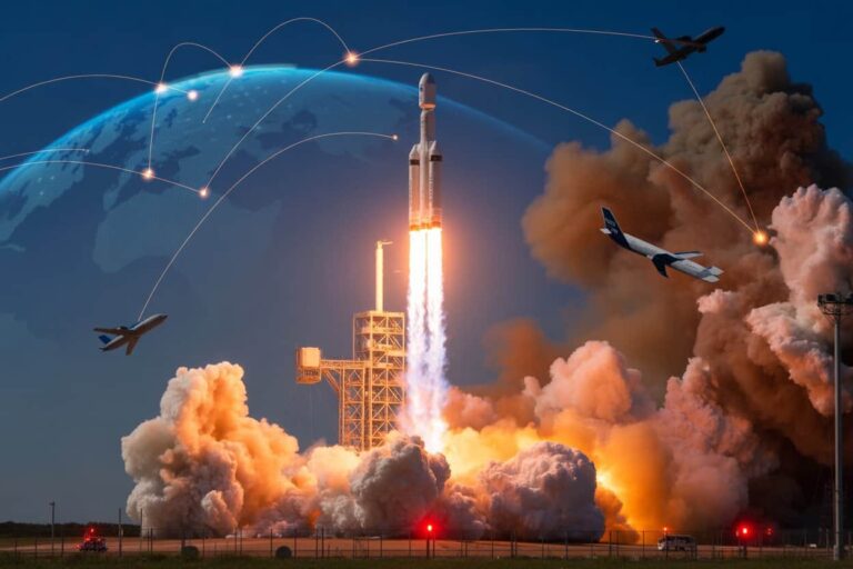Rocket lifts off from a launch pad amid fiery exhaust and smoke, with planes circling a blue globe showing network lines.