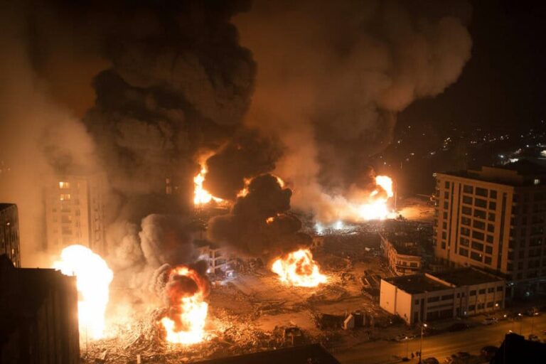 Nighttime aerial view of a city block engulfed in multiple large fires with thick black smoke rising into the sky.