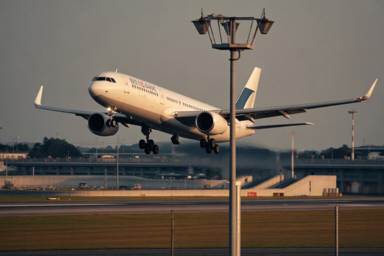 Passenger jet lifting off the runway at sunset, with a tall light pole in the foreground.