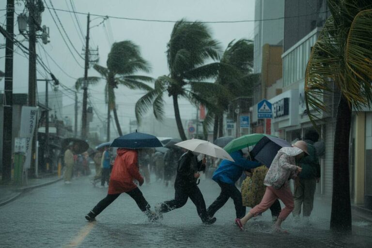 Pedestrians with umbrellas cross a flooded city street during heavy rain; palm trees and storefronts in the background.
