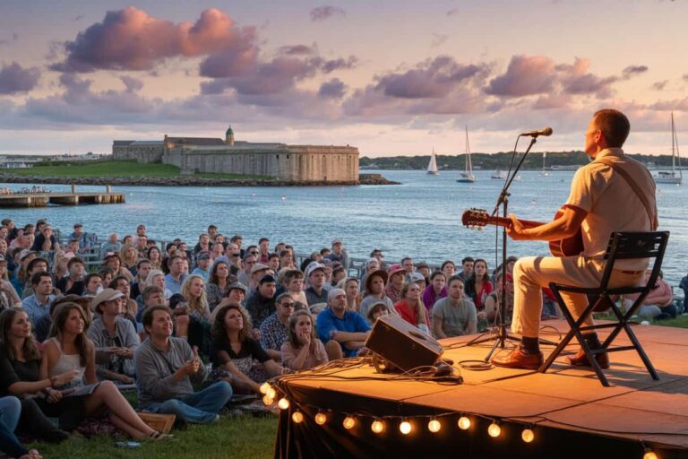 Musician playing guitar on a small stage by the water at sunset while a large crowd sits on the grass watching.