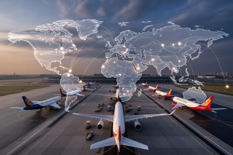 Airplanes parked at a runway with a translucent world map and glowing connection lines representing global air travel networks.