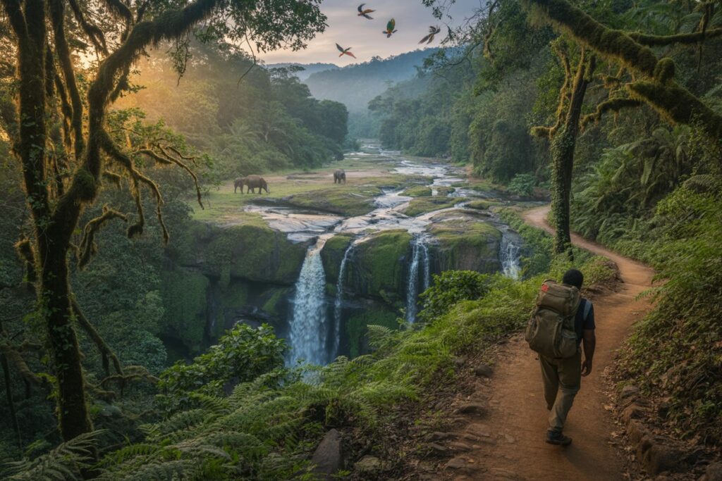 Hiker with a large backpack walks a red dirt trail through a lush jungle toward a river and waterfall in the distance.