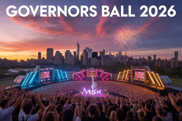 Governors Ball 2026 poster: crowded outdoor concert with a neon-lit stage, city skyline at sunset and fireworks overhead.