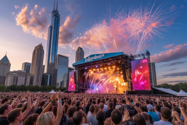 Large outdoor concert with a stage labeled Lollapalooza, fireworks over Chicago skyline and a cheering crowd raising hands at sunset.