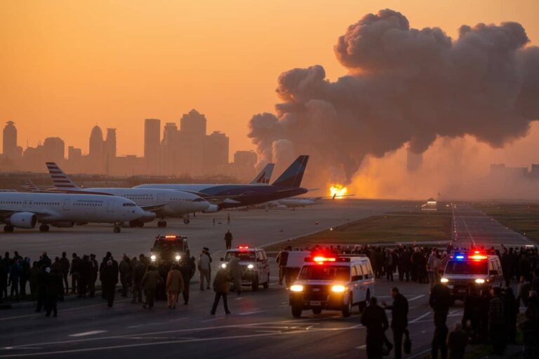Crowd gathers on a runway as emergency vehicles respond to a fiery explosion near parked airplanes against a sunset skyline.